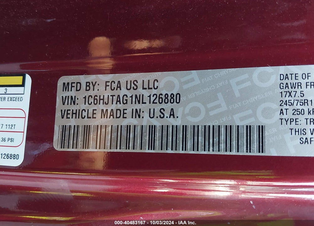 2022 JEEP GLADIATOR SPORT S 4X4 VIN: 1C6HJTAG1NL126880