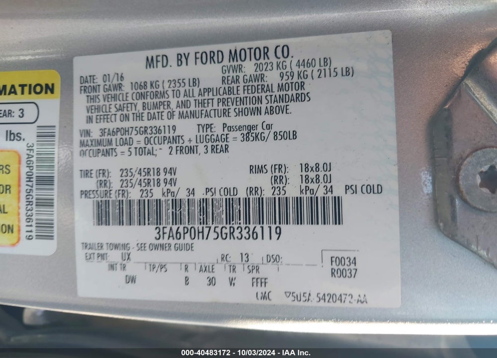 2016 FORD FUSION SE VIN: 3FA6P0H75GR336119