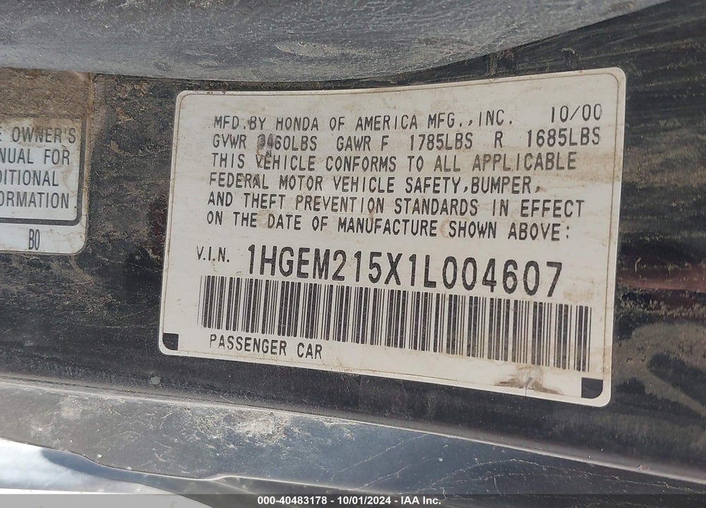 2001 HONDA CIVIC LX VIN: 1HGEM215X1L004607