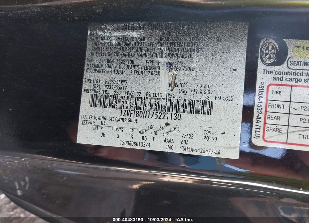 2007 FORD MUSTANG V6 DELUXE/V6 PREMIUM VIN: 1ZVFT80N175221130