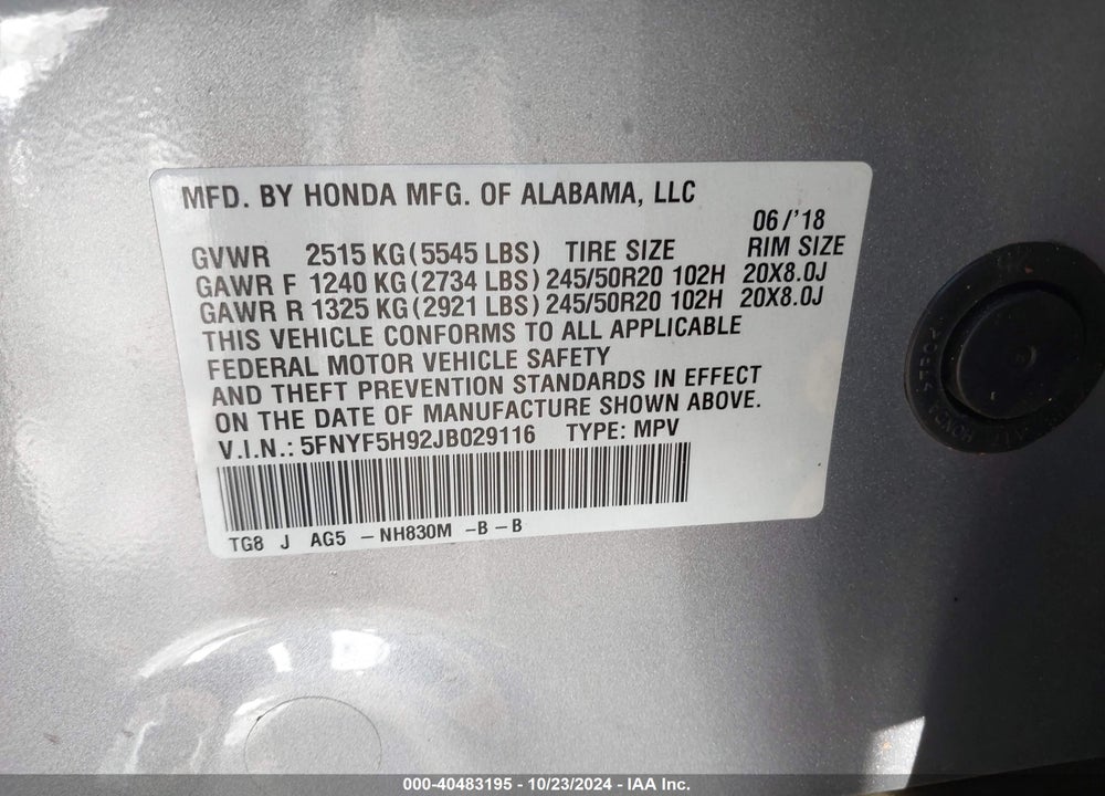 2018 HONDA PILOT TOURING VIN: 5FNYF5H92JB029116