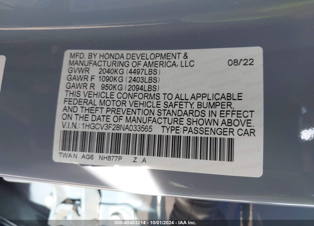 2022 HONDA ACCORD HYBRID SPORT VIN: 1HGCV3F28NA033565