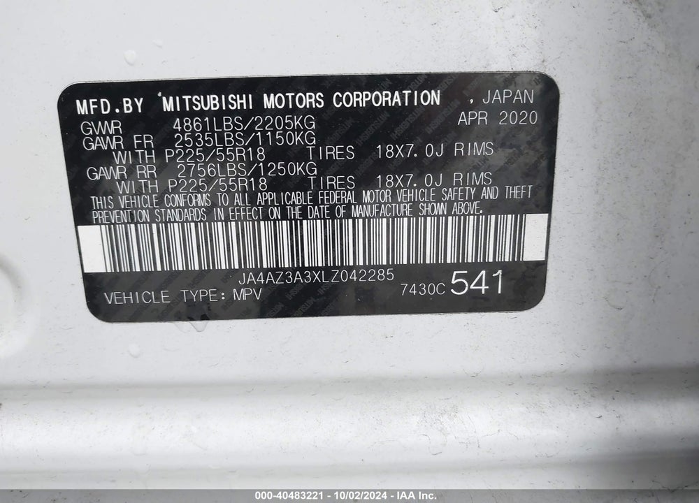 2020 MITSUBISHI OUTLANDER SE 2.4 VIN: JA4AZ3A3XLZ042285
