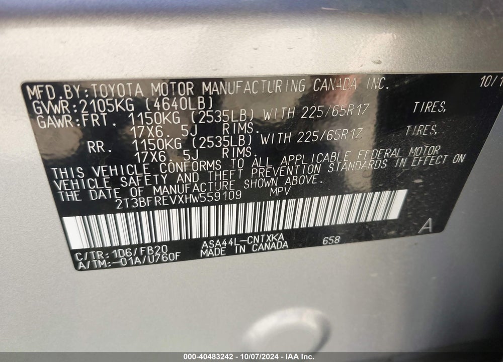 2017 TOYOTA RAV4 LE VIN: 2T3BFREVXHW559109