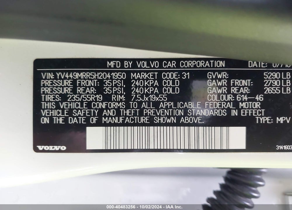2017 VOLVO XC60 T6 DYNAMIC VIN: YV449MRR5H2041950