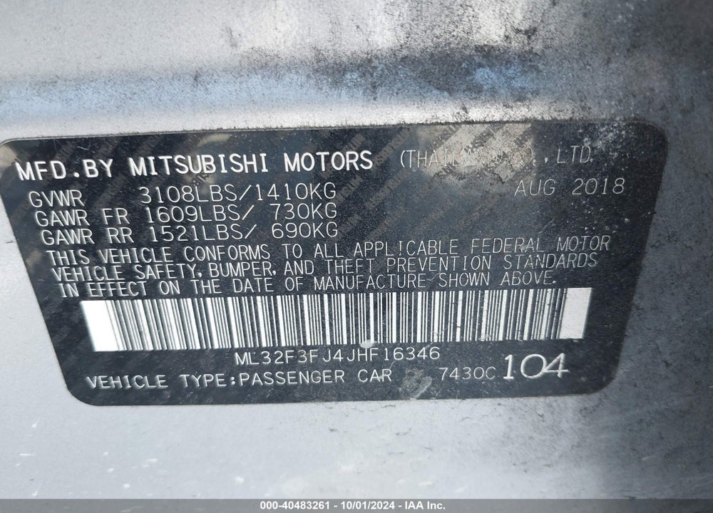 2018 MITSUBISHI MIRAGE G4 ES VIN: ML32F3FJ4JHF16346