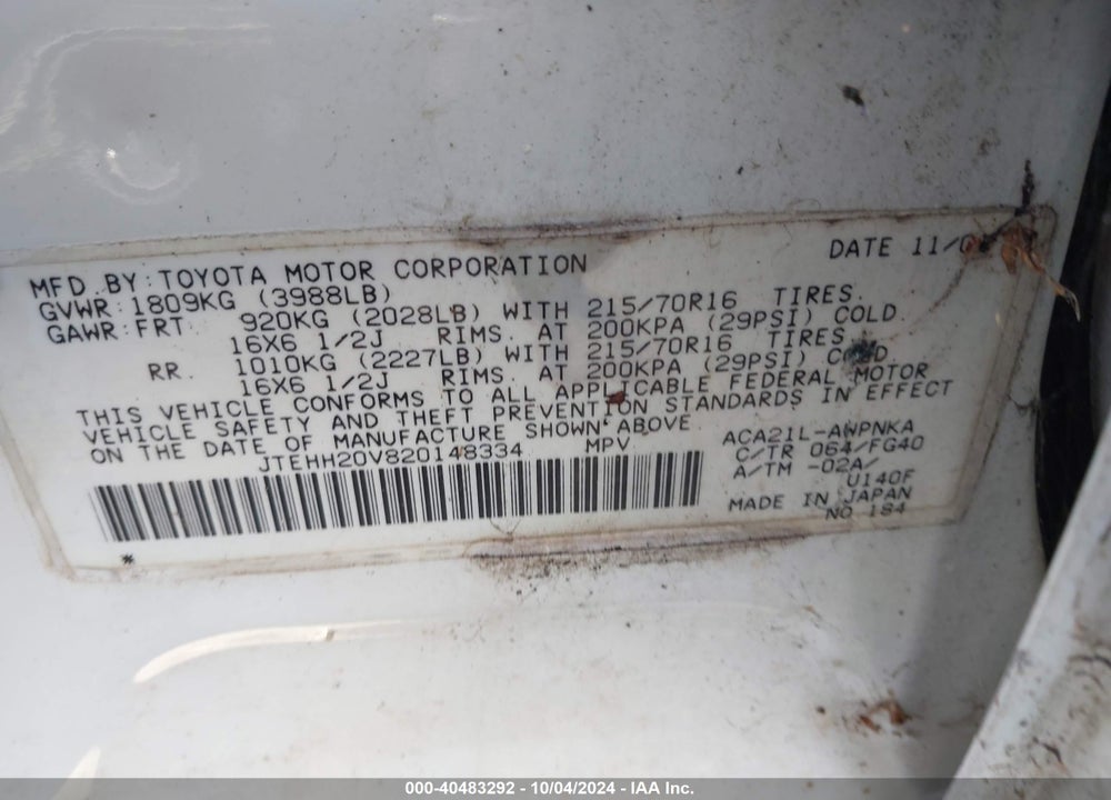 2002 TOYOTA RAV4 VIN: JTEHH20V820148334
