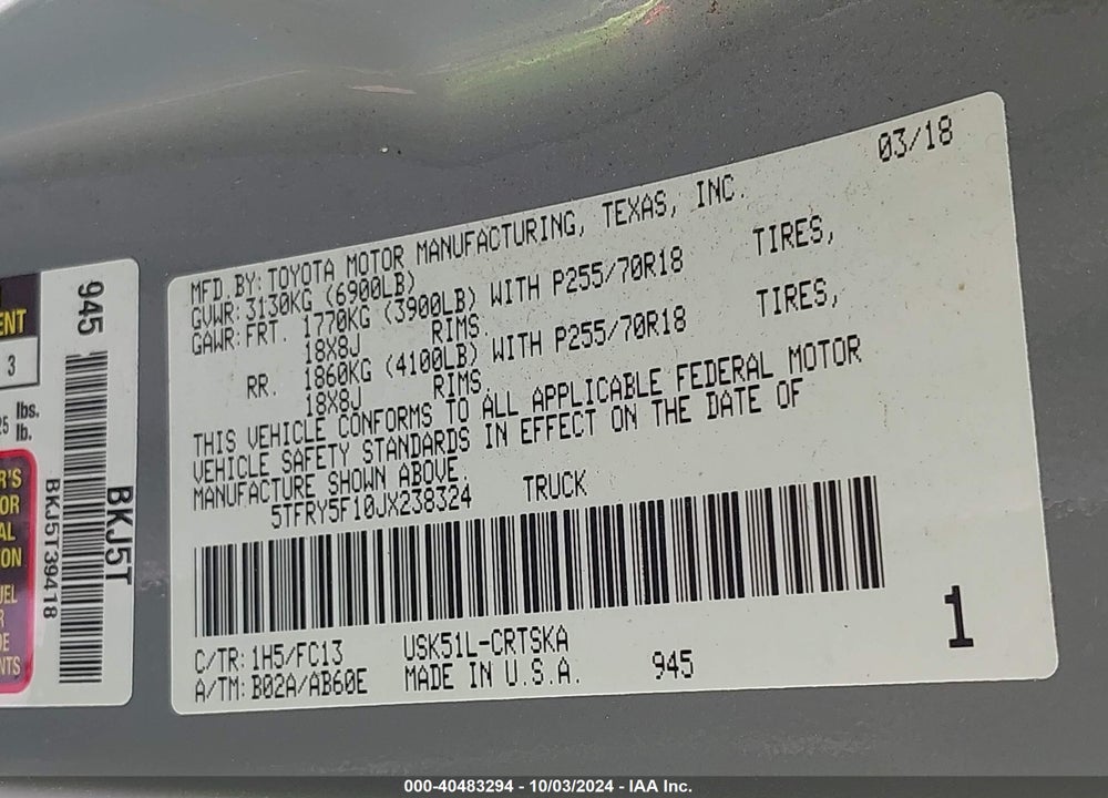 2018 TOYOTA TUNDRA SR5 5.7L V8 VIN: 5TFRY5F10JX238324