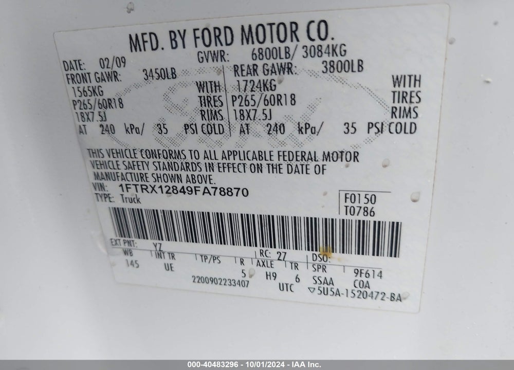 2009 FORD F-150 STX/XL/XLT VIN: 1FTRX12849FA78870
