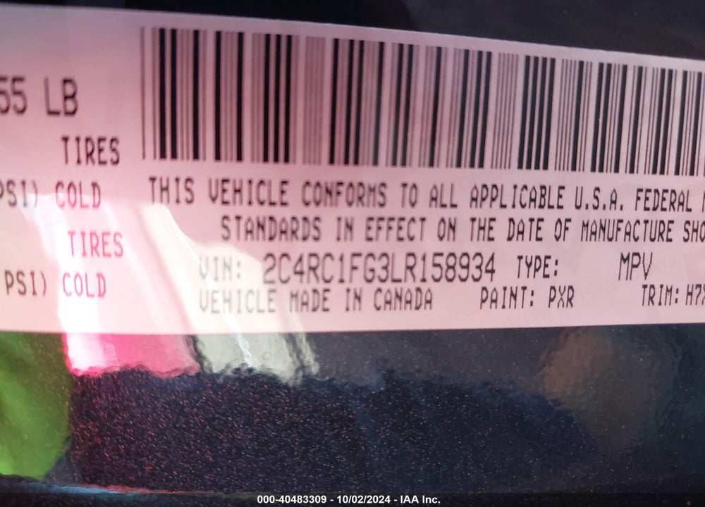 2020 CHRYSLER PACIFICA TOURING VIN: 2C4RC1FG3LR158934