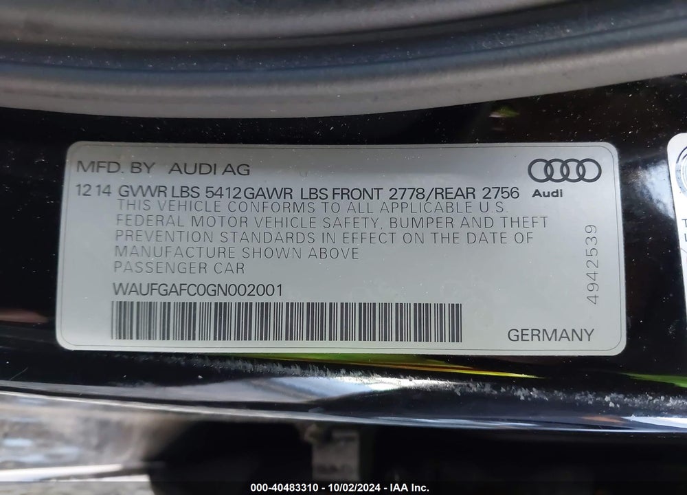 2016 AUDI A6 3.0T PREMIUM PLUS VIN: WAUFGAFC0GN002001