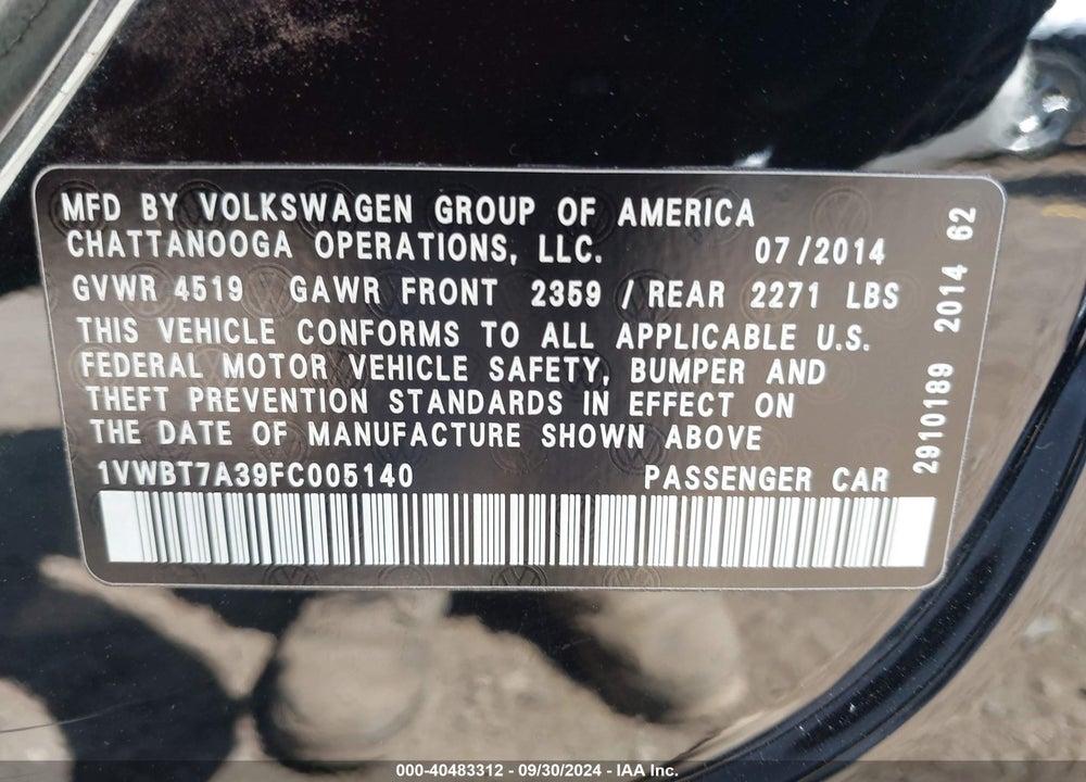 2015 VOLKSWAGEN PASSAT 1.8T SE VIN: 1VWBT7A39FC005140
