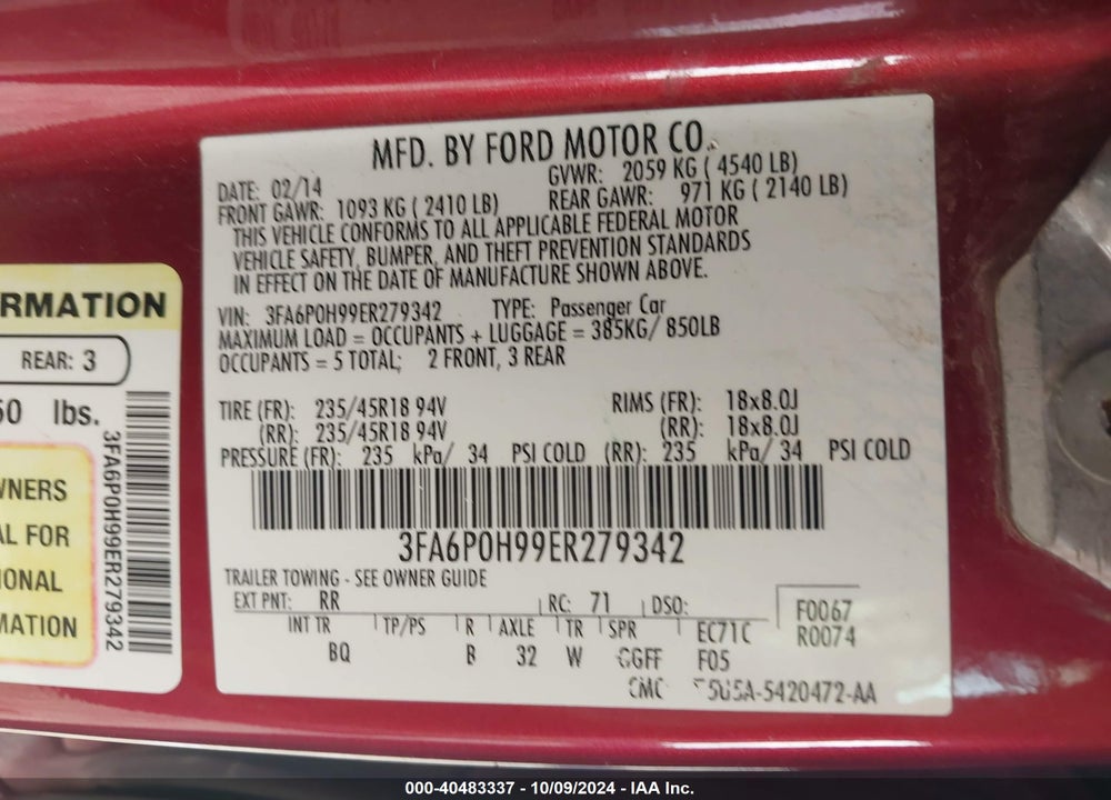 2014 FORD FUSION SE VIN: 3FA6P0H99ER279342