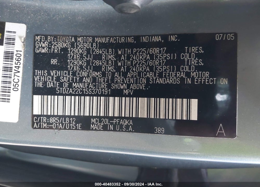 2005 TOYOTA SIENNA XLE VIN: 5TDZA22C15S370191
