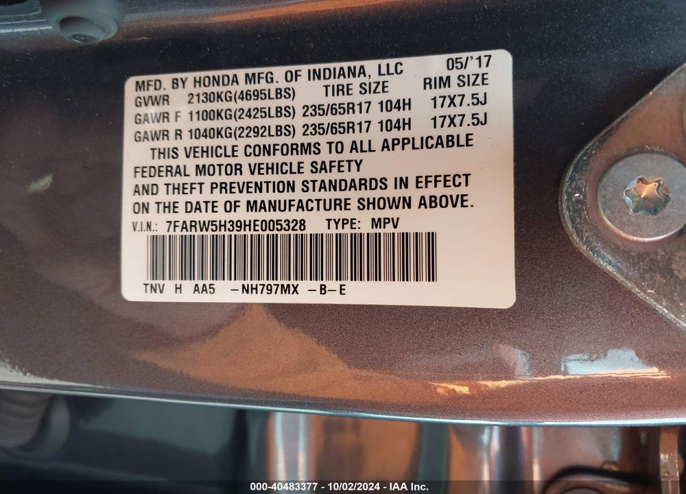 2017 HONDA CR-V LX VIN: 7FARW5H39HE005328