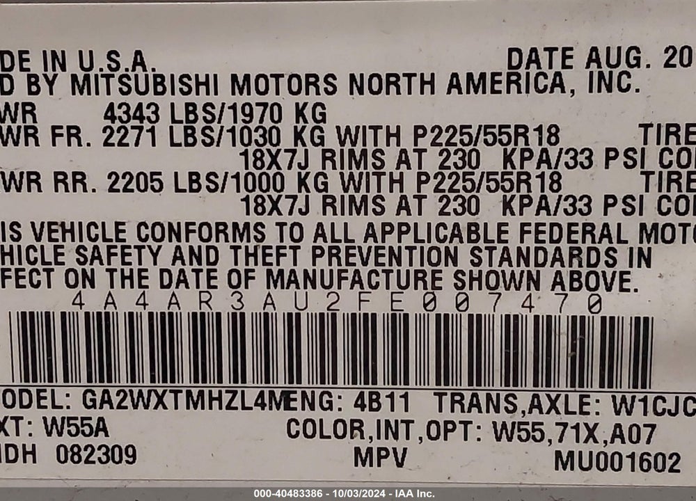 2015 MITSUBISHI OUTLANDER SPORT ES VIN: 4A4AR3AU2FE007470