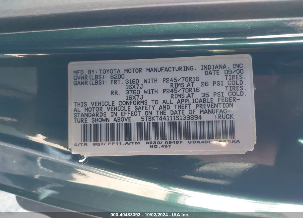 2001 TOYOTA TUNDRA SR5 V8 VIN: 5TBKT44111S139894