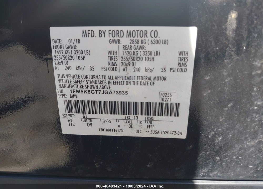 2018 FORD EXPLORER SPORT VIN: 1FM5K8GT7JGA73935
