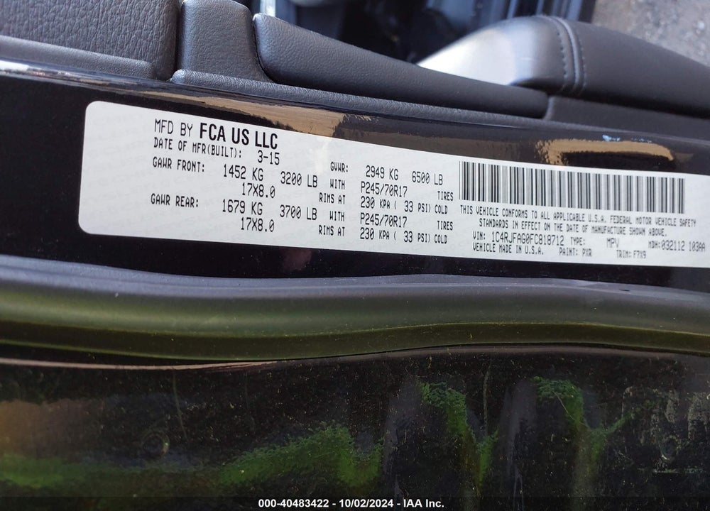 2015 JEEP GRAND CHEROKEE LAREDO VIN: 1C4RJFAG0FC818712