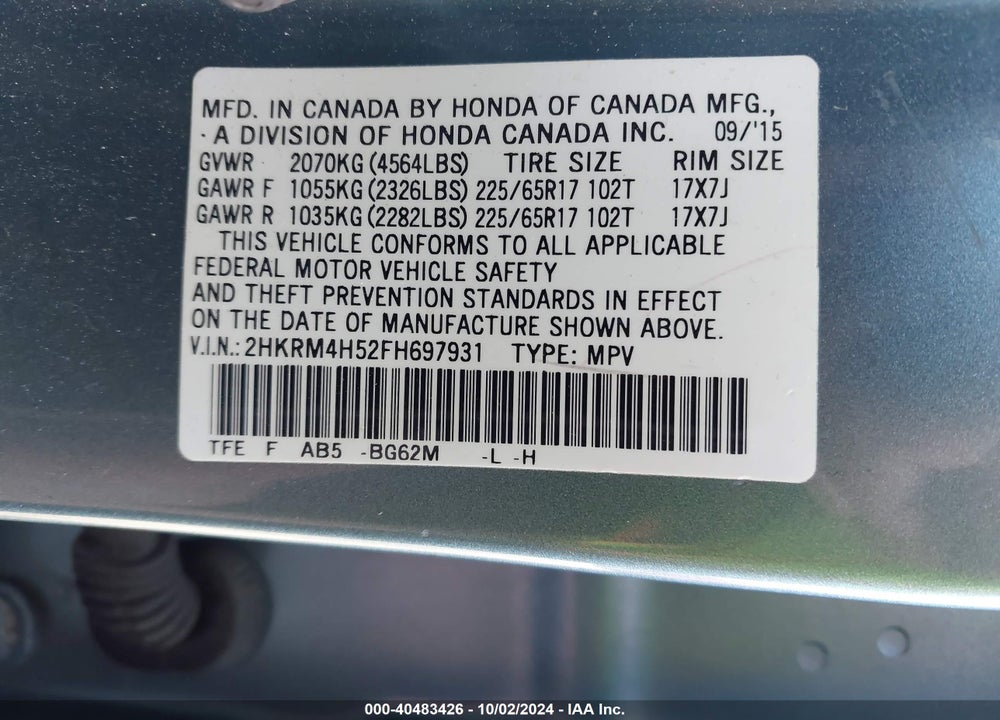 2015 HONDA CR-V EX VIN: 2HKRM4H52FH697931