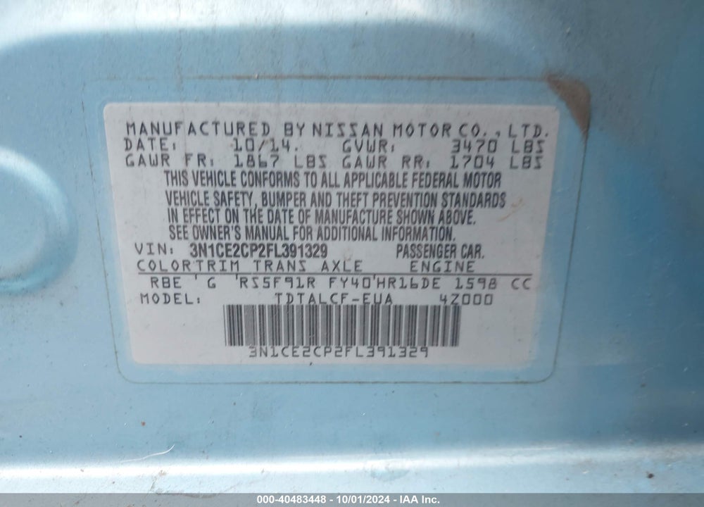 2015 NISSAN VERSA NOTE S (SR) VIN: 3N1CE2CP2FL391329