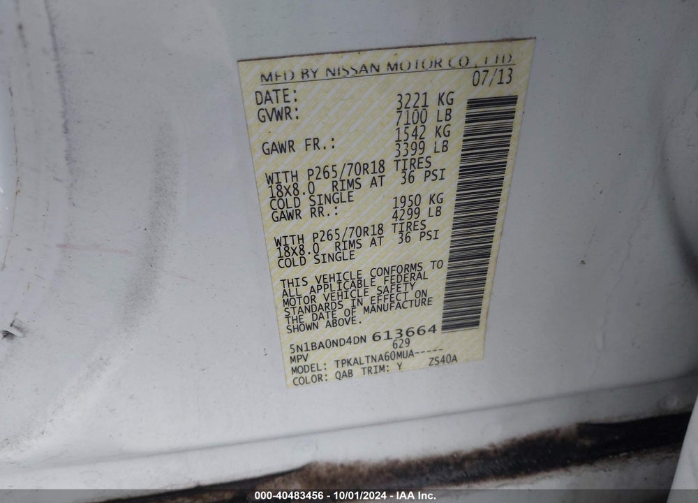 2013 NISSAN ARMADA SV VIN: 5N1BA0ND4DN613664