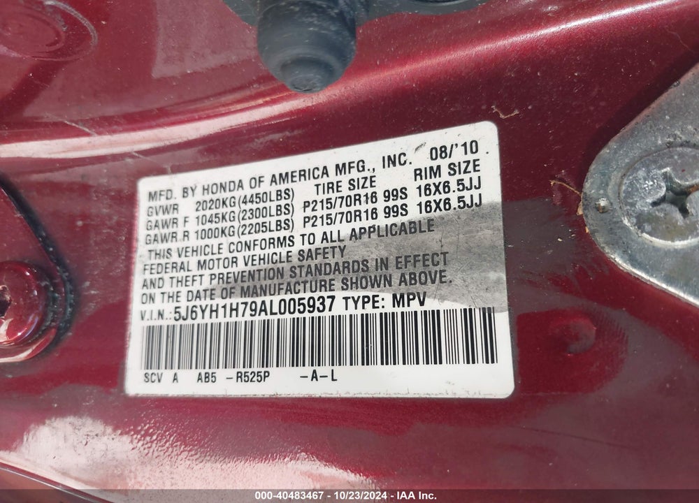 2010 HONDA ELEMENT EX VIN: 5J6YH1H79AL005937