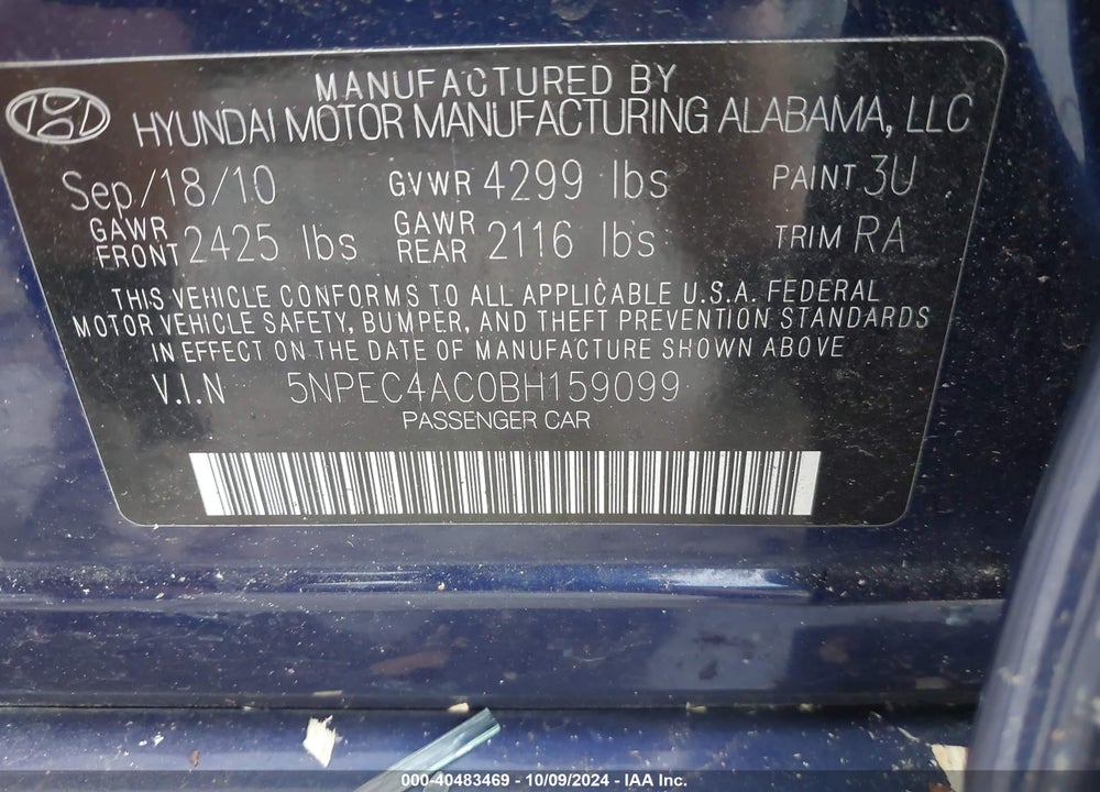 2011 HYUNDAI SONATA SE VIN: 5NPEC4AC0BH159099