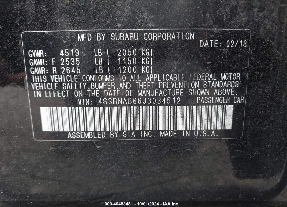 2018 SUBARU LEGACY 2.5I VIN: 4S3BNAB66J3034512
