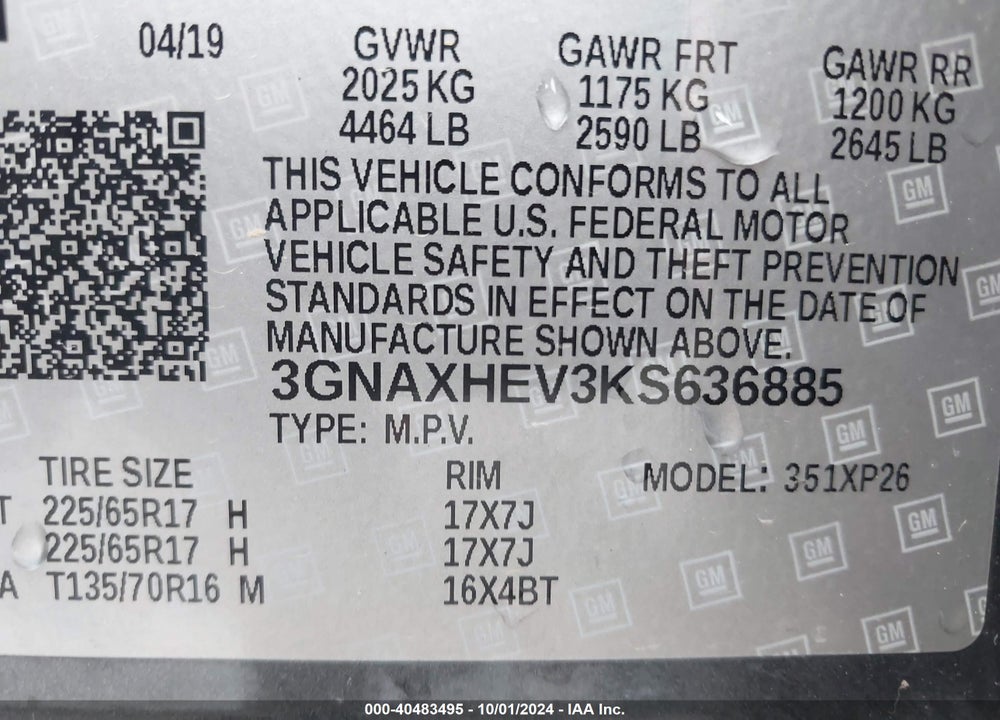 2019 CHEVROLET EQUINOX LS VIN: 3GNAXHEV3KS636885