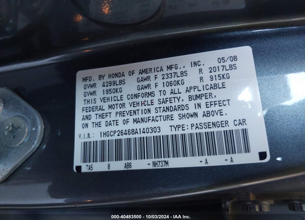 2008 HONDA ACCORD 2.4 LX-P VIN: 1HGCP26468A140303