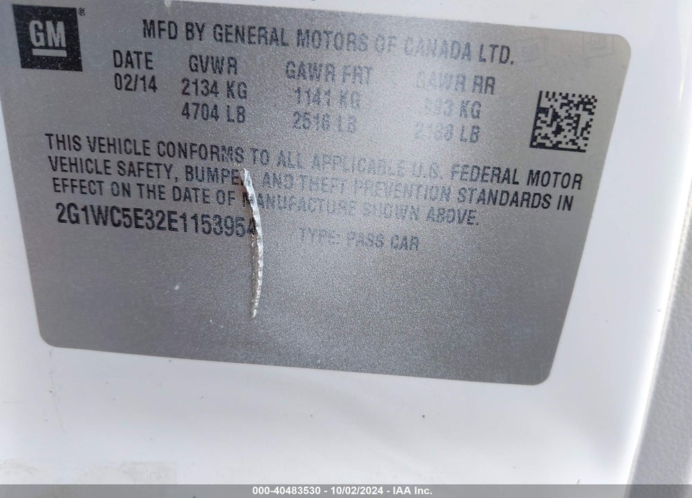 2014 CHEVROLET IMPALA LIMITED LTZ VIN: 2G1WC5E32E1153954