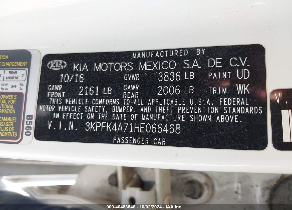 2017 KIA FORTE LX VIN: 3KPFK4A71HE066468