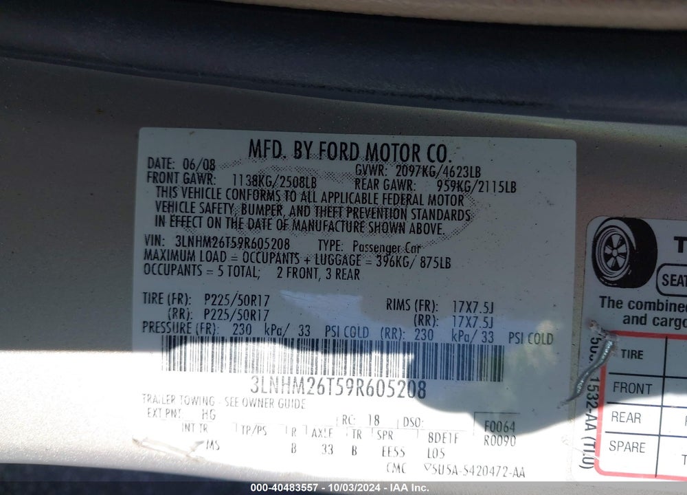 2009 LINCOLN MKZ VIN: 3LNHM26T59R605208