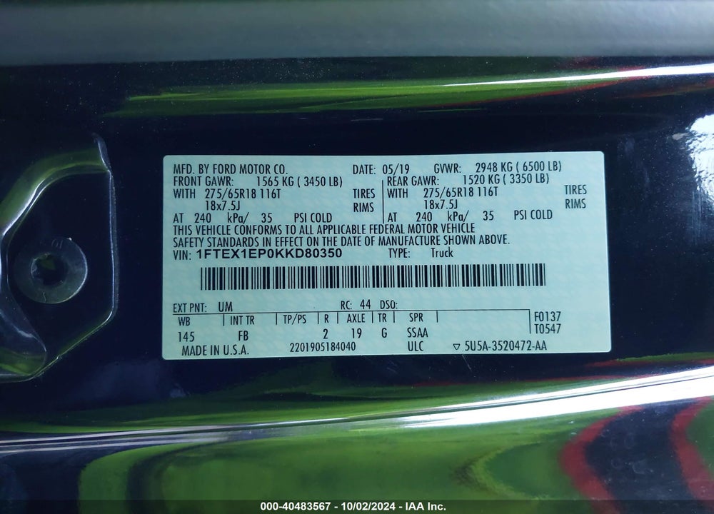 2019 FORD F-150 XLT VIN: 1FTEX1EP0KKD80350
