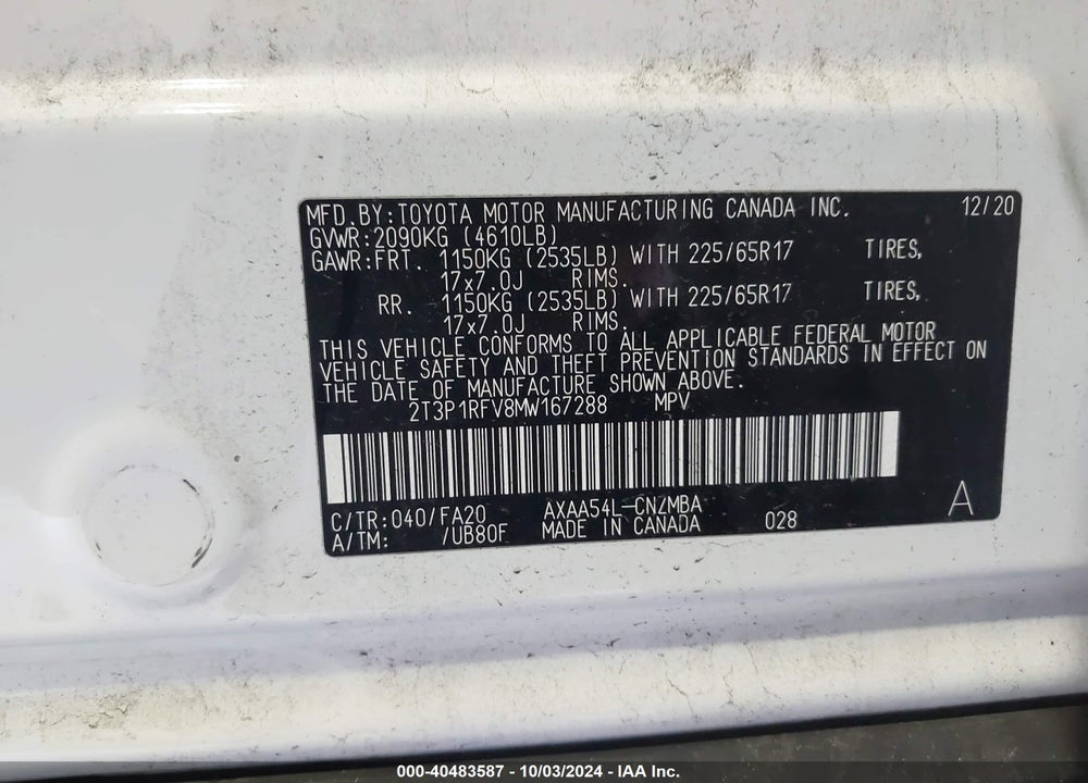2021 TOYOTA RAV4 XLE VIN: 2T3P1RFV8MW167288