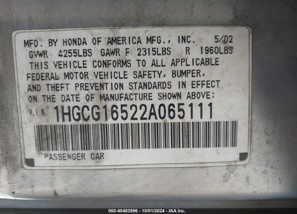2002 HONDA ACCORD 3.0 EX VIN: 1HGCG16522A065111