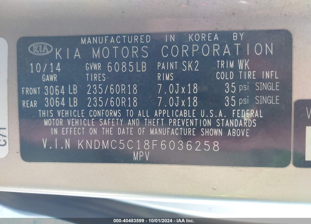2015 KIA SEDONA SX VIN: KNDMC5C18F6036258