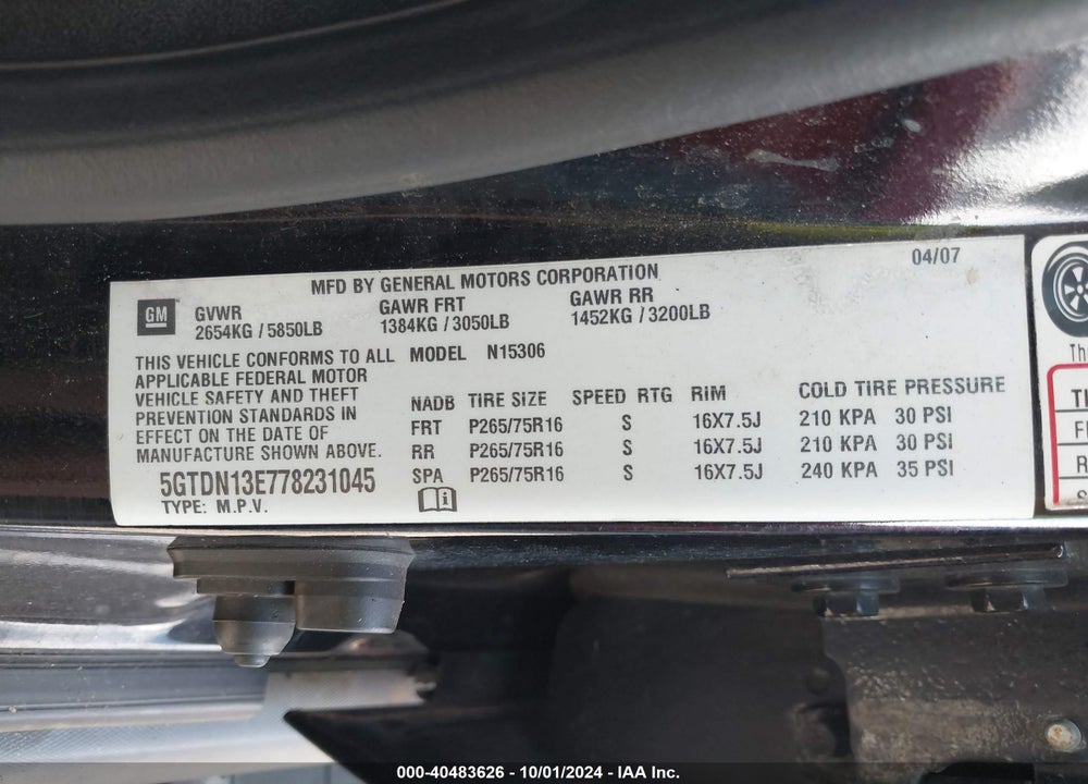 2007 HUMMER H3 SUV VIN: 5GTDN13E778231045