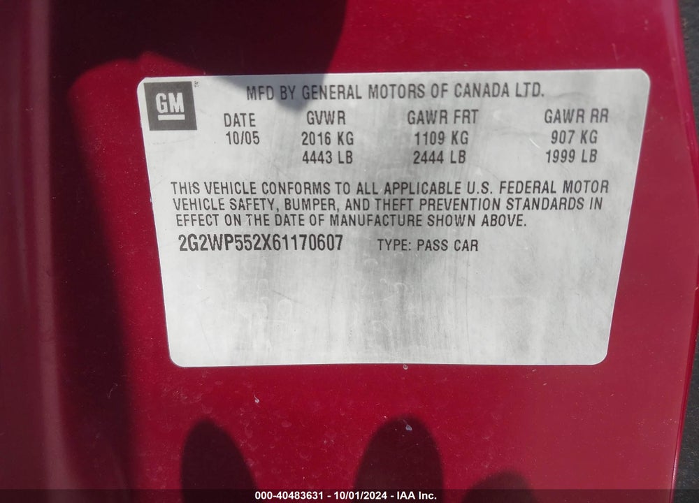 2006 PONTIAC GRAND PRIX VIN: 2G2WP552X61170607