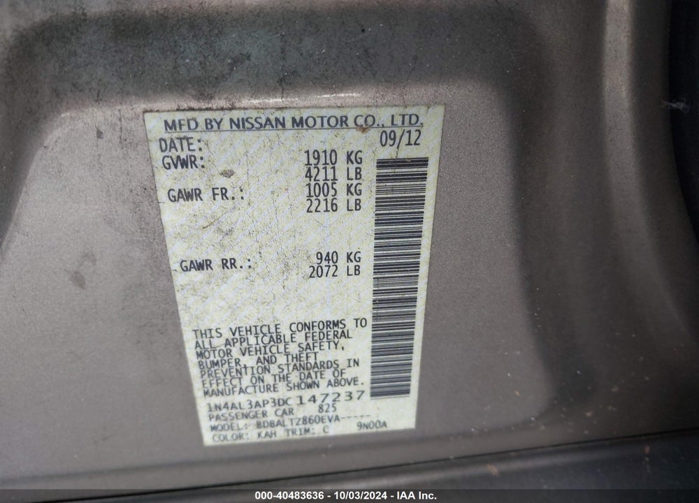 2013 NISSAN ALTIMA 2.5 SV VIN: 1N4AL3AP3DC147237