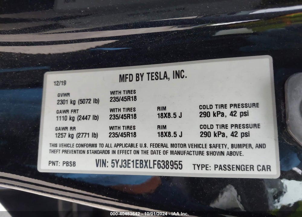 2020 TESLA MODEL 3 LONG RANGE DUAL MOTOR ALL-WHEEL DRIVE VIN: 5YJ3E1EBXLF638955