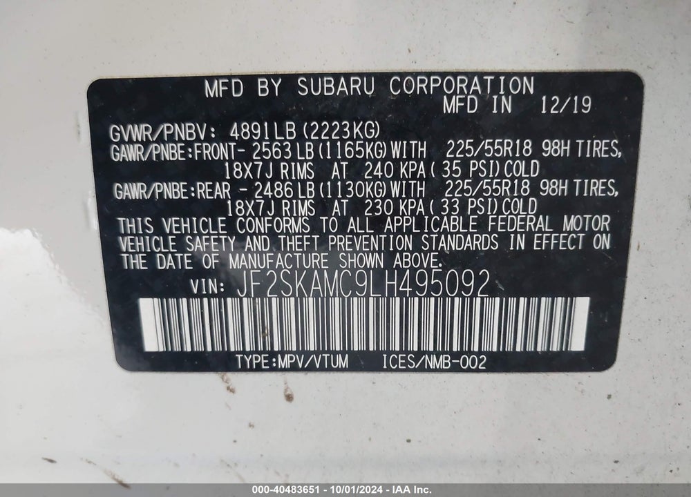 2020 SUBARU FORESTER SPORT VIN: JF2SKAMC9LH495092