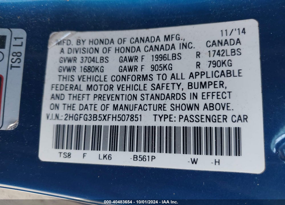 2015 HONDA CIVIC LX VIN: 2HGFG3B5XFH507851