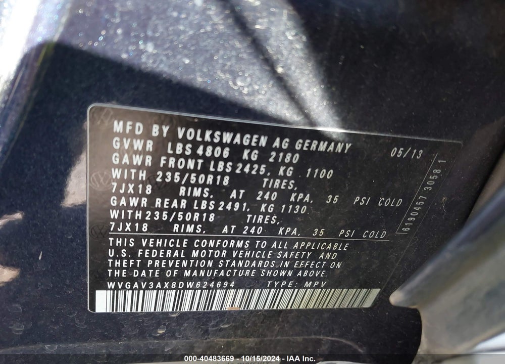 2013 VOLKSWAGEN TIGUAN SE VIN: WVGAV3AX8DW624694