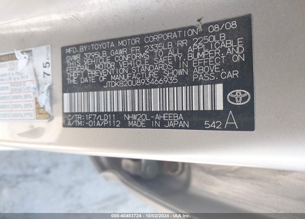 2009 TOYOTA PRIUS VIN: JTDKB20U893466935