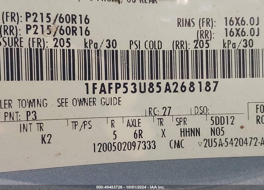 2005 FORD TAURUS SE VIN: 1FAFP53U85A268187
