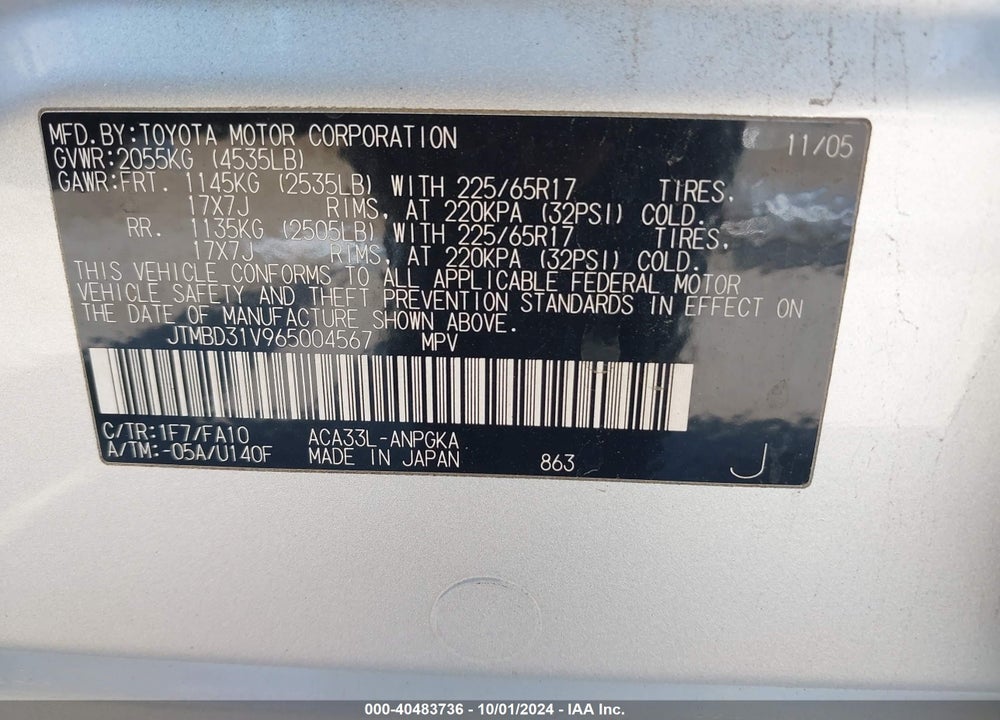 2006 TOYOTA RAV4 LIMITED VIN: JTMBD31V965004567