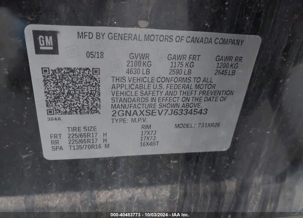 2018 CHEVROLET EQUINOX LT VIN: 2GNAXSEV7J6334543