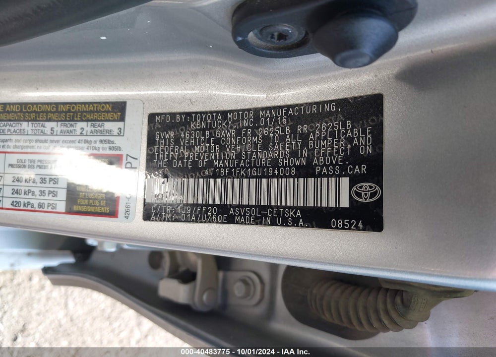 2016 TOYOTA CAMRY SE VIN: 4T1BF1FK1GU194008